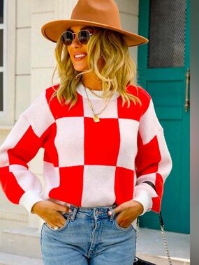 Red and White Checkerboard Knit Sweater